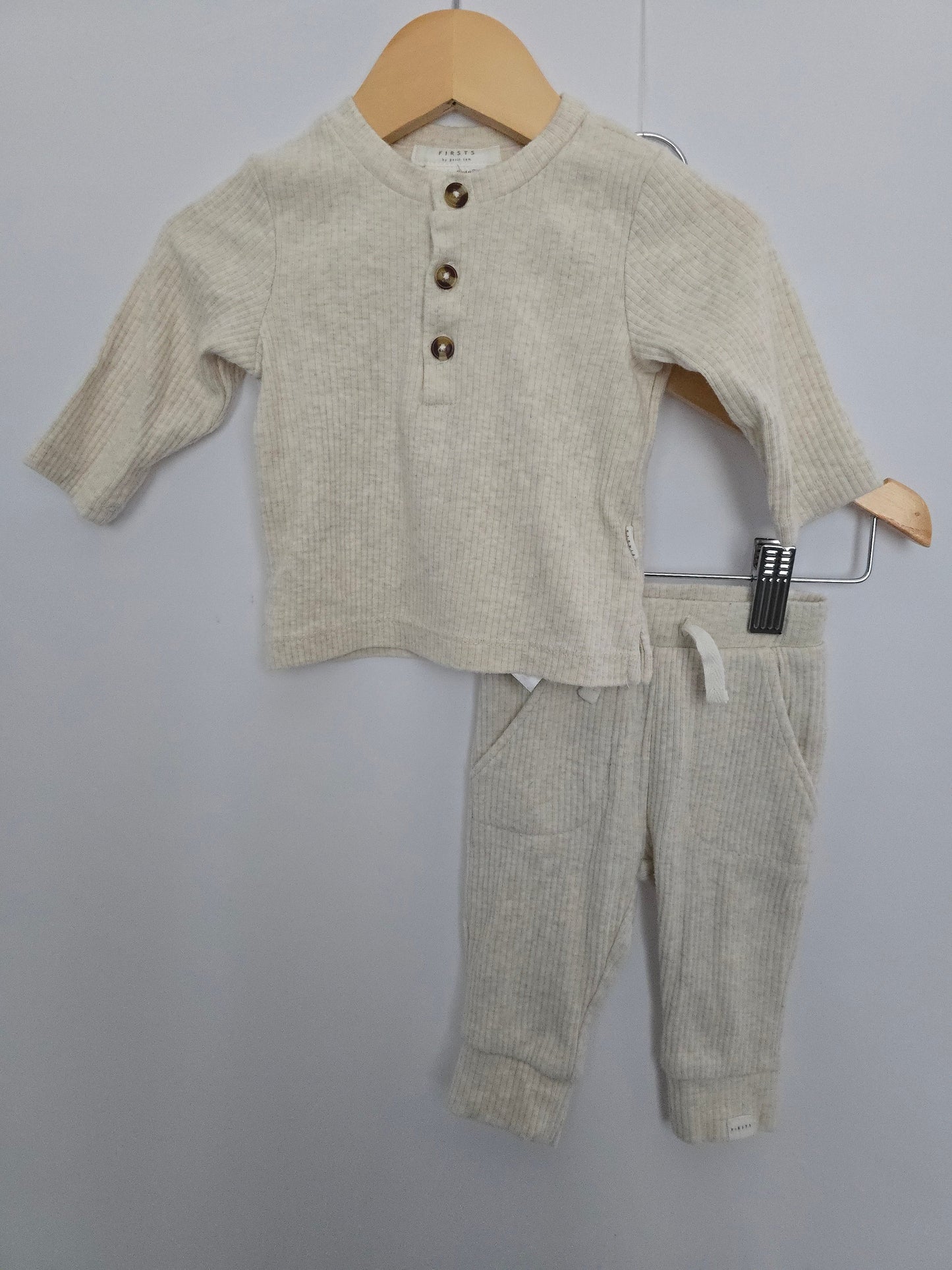 Firsts By Petit Lem Oat Ribbed Set • 3 months