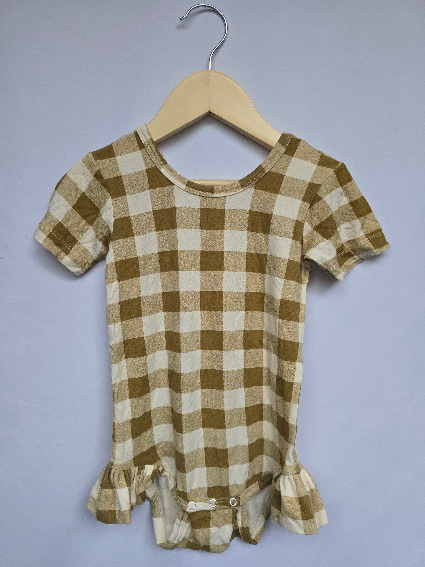 Kate Quinn Tan Gingham Ruffle Bubble Romper • 18-24 months