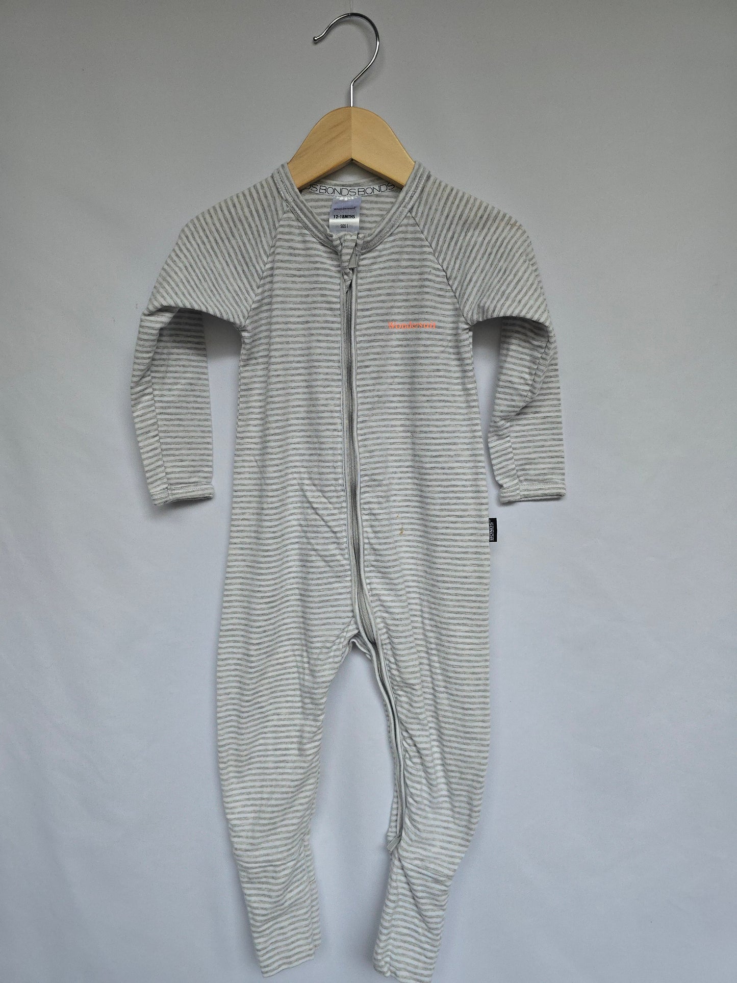 Bonds Grey Stripe Wondersuit *stain* • 12-18 months