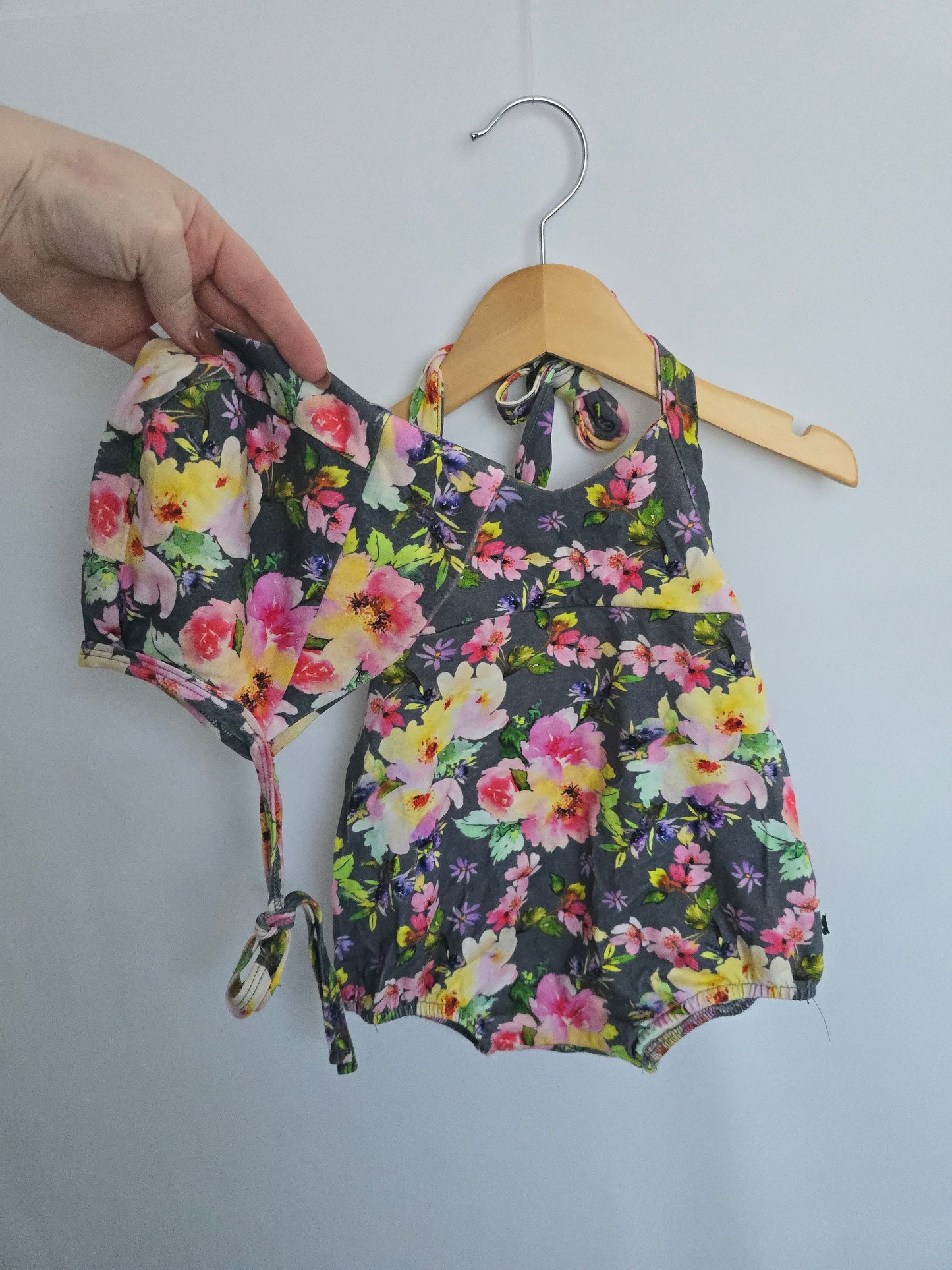 Little & Lively Floral Halter Romper & Matching Bonnet • 1-2 years