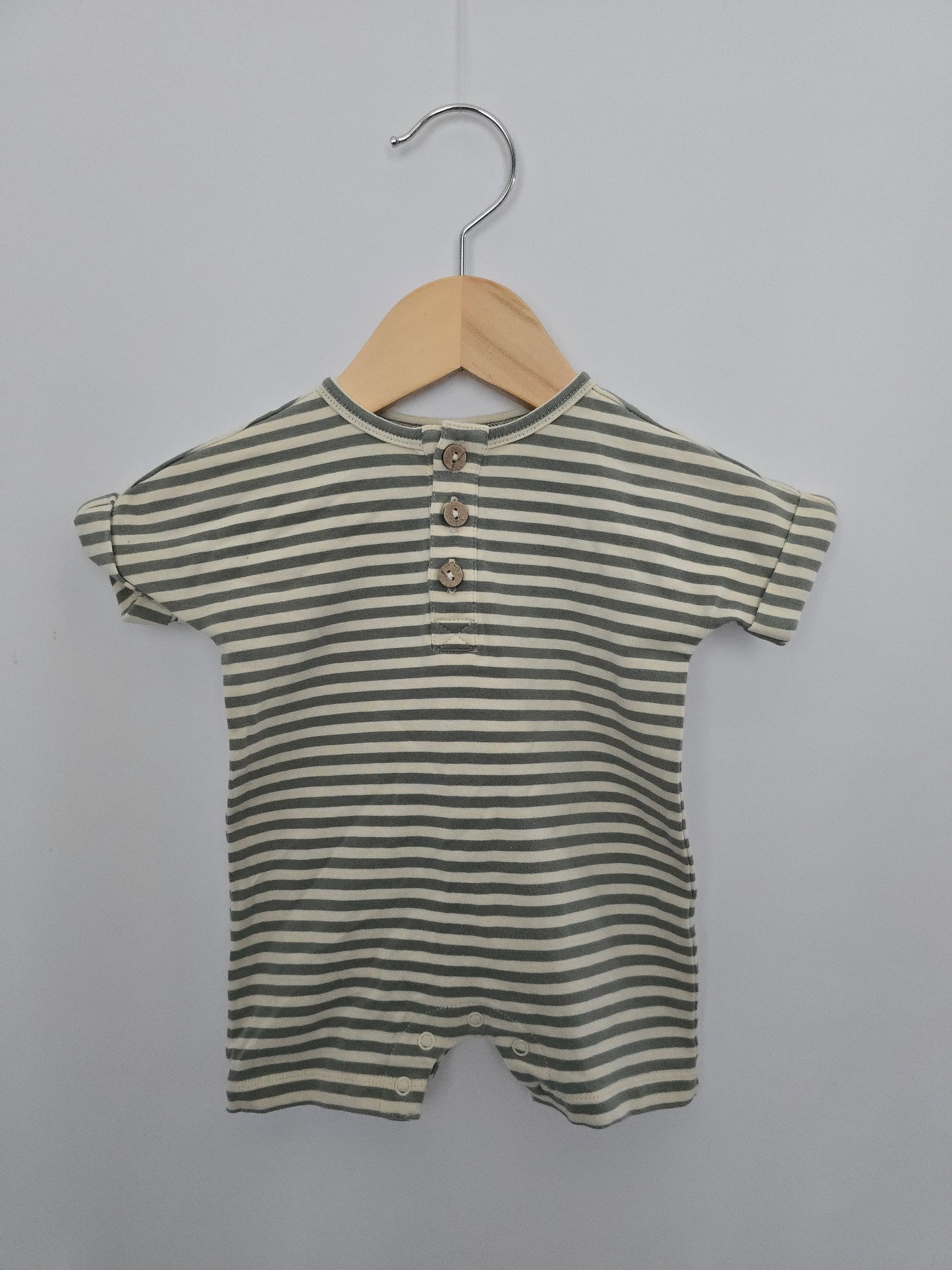 Quincy Mae Sage Striped Shorts Romper • 0-3 months