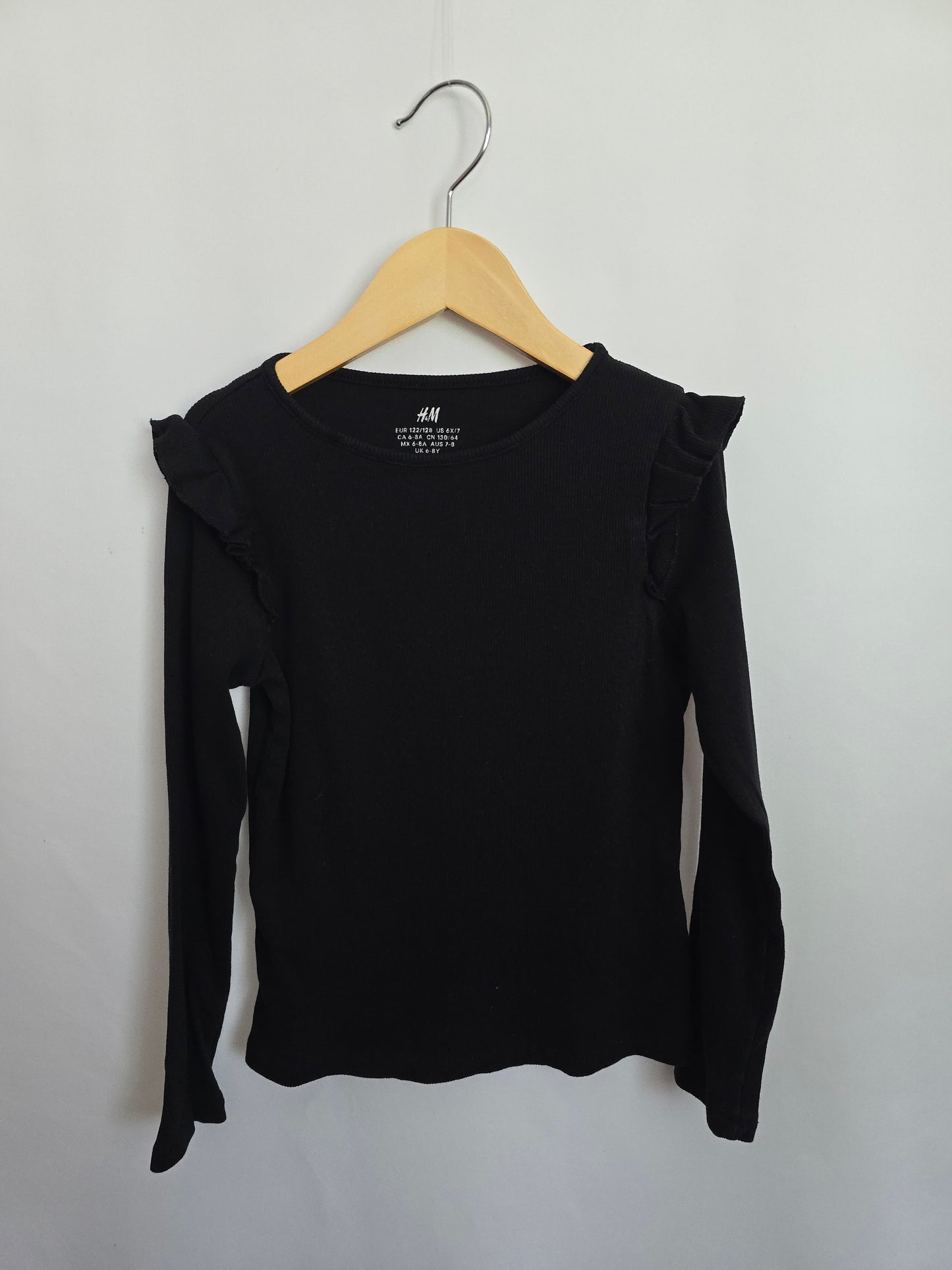 H&M Black Ribbed Ruffle Shoulder Long Sleeve • 6-8 years