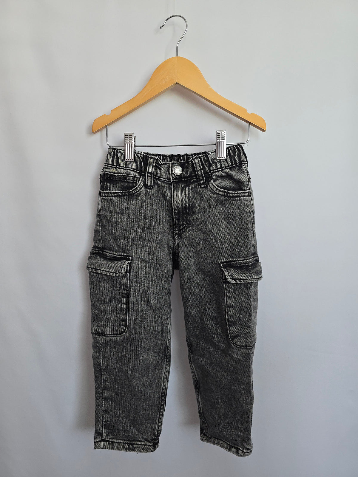 H&M Black Wash Relaxed Cargo Denim • 2-3 years