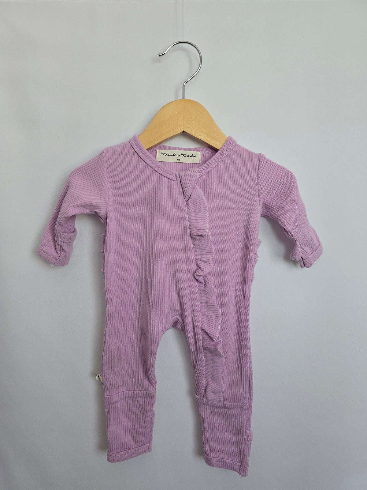 Bambi & Birdie Lavender Ruffle Zip Romper • Newborn