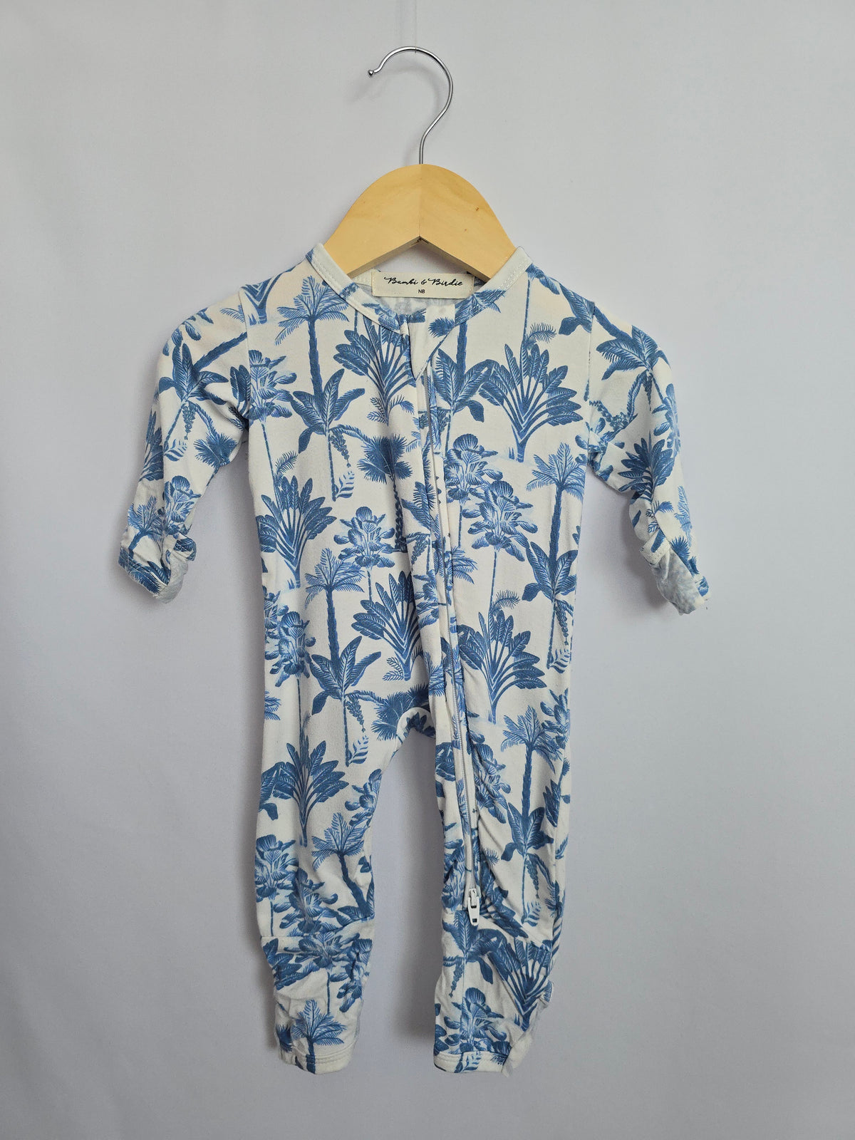 Bambi & Birdie Blue Palms Zip Romper • Newborn