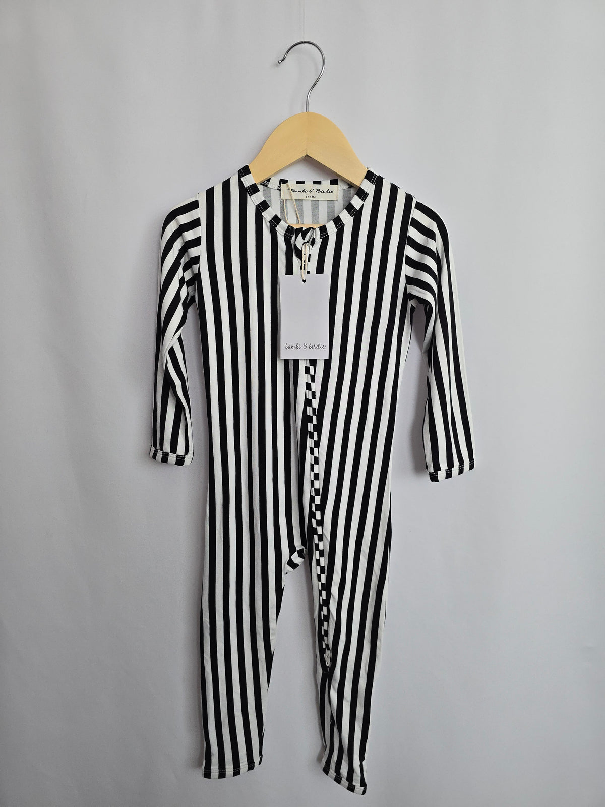 NEW Bambi & Birdie Black & White Stripe Zip Romper • 12-18 months
