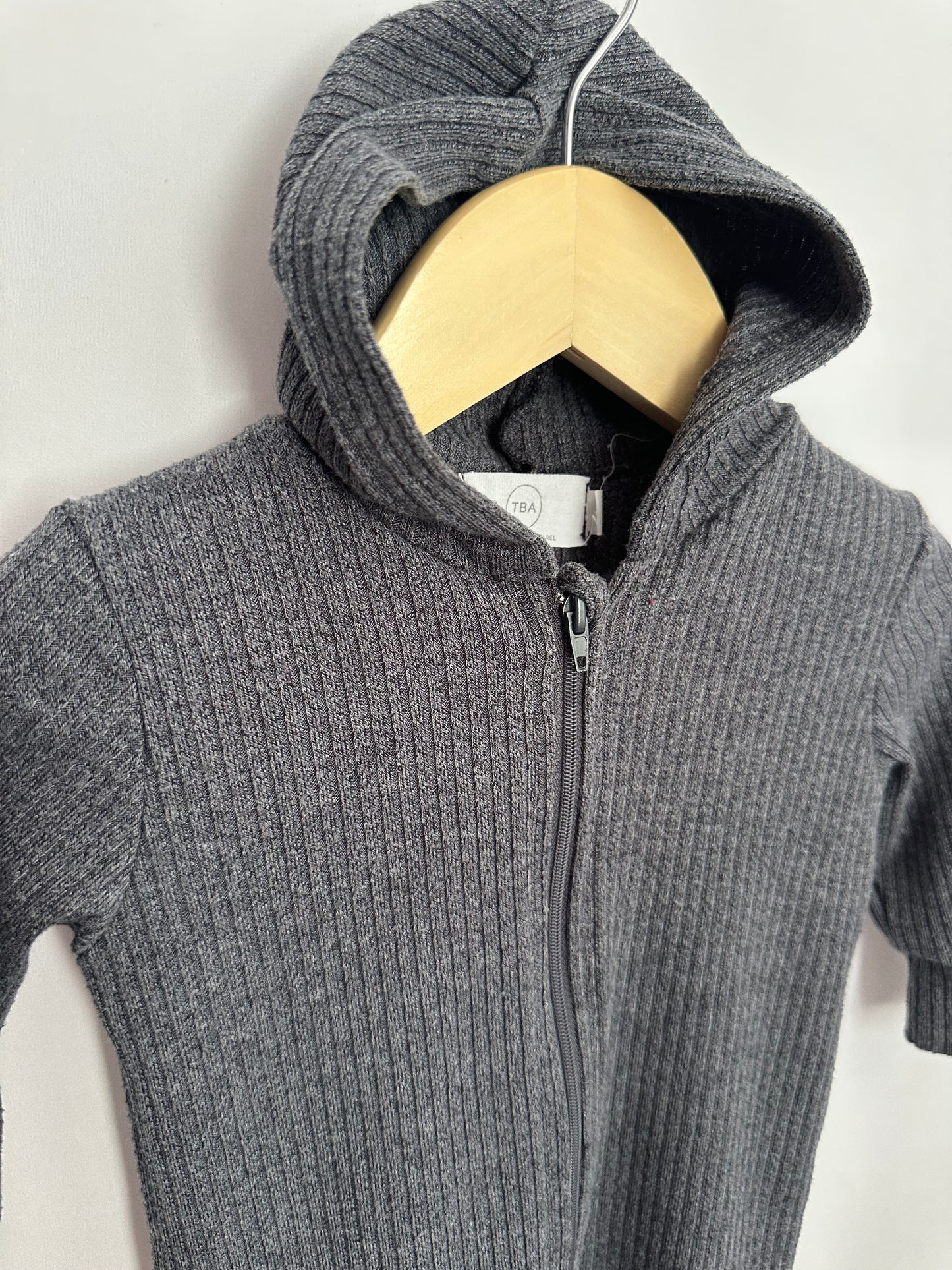 Tiny Button Apparel Blue Ribbed Hooded Zip Romper • 0-6 months
