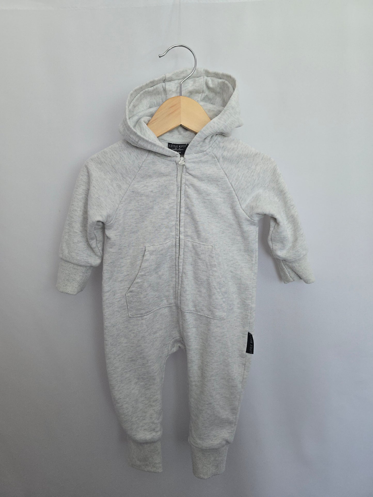 Little Bipsy Light Grey Hooded Zip Romper • 6-9 months