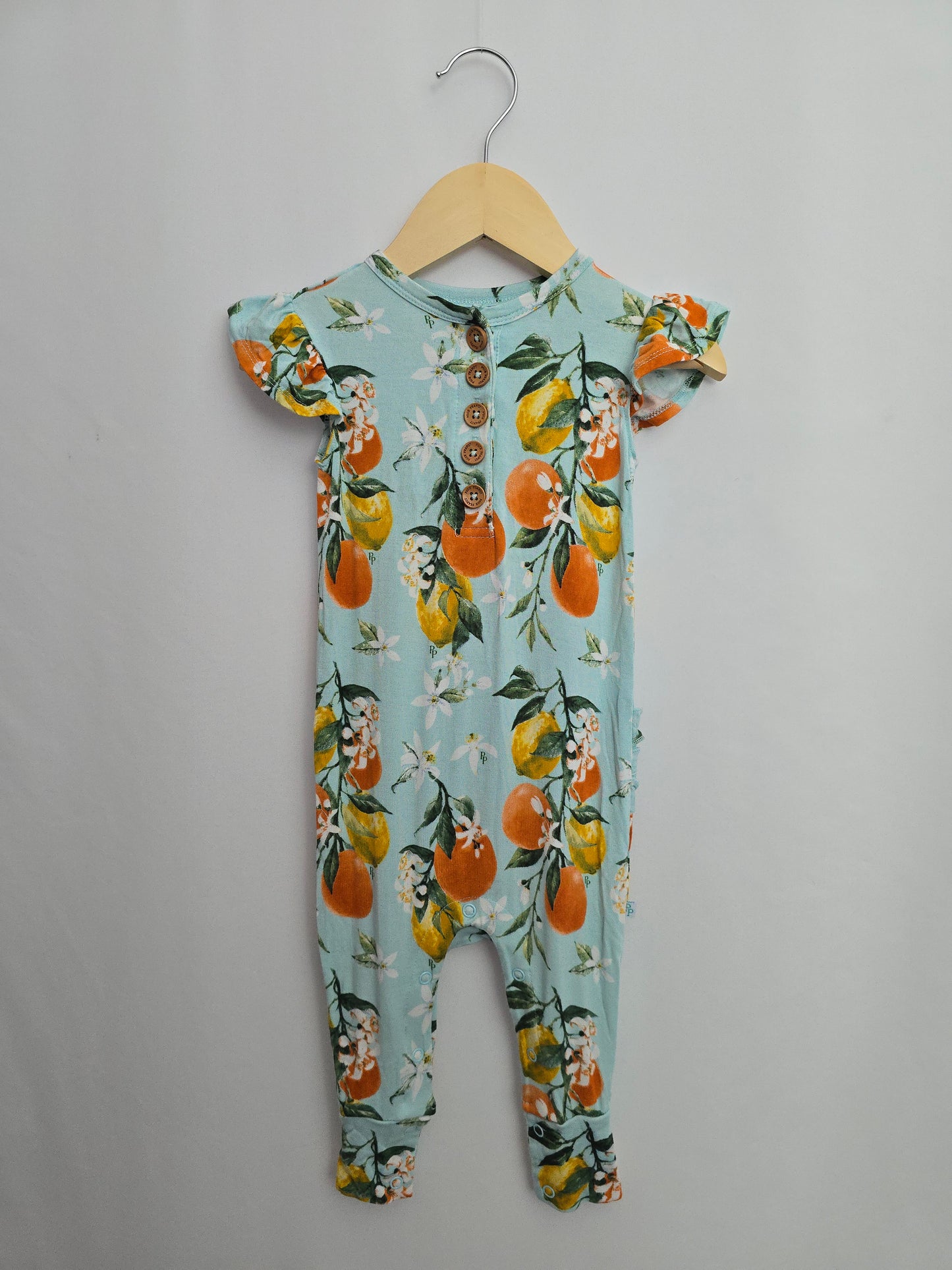 Posh Peanut Aqua Oranges Ruffle Sleeve Romper • 12-18 months
