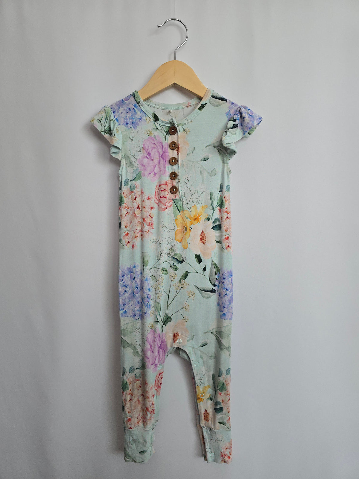 Posh Peanut Mint Peony Ruffle Bum Romper • 18-24 months
