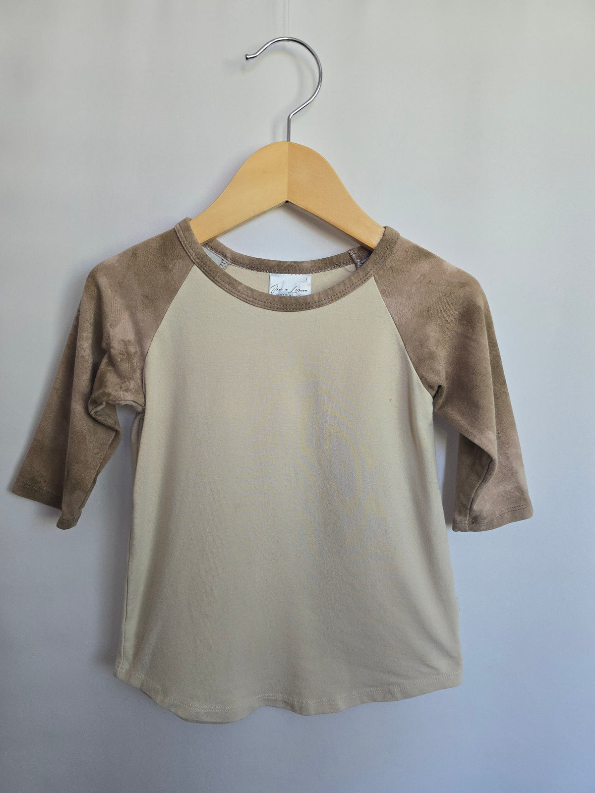 Jax & Lennon Bone/Tan Stonewash Raglan Tee • 18-24 months
