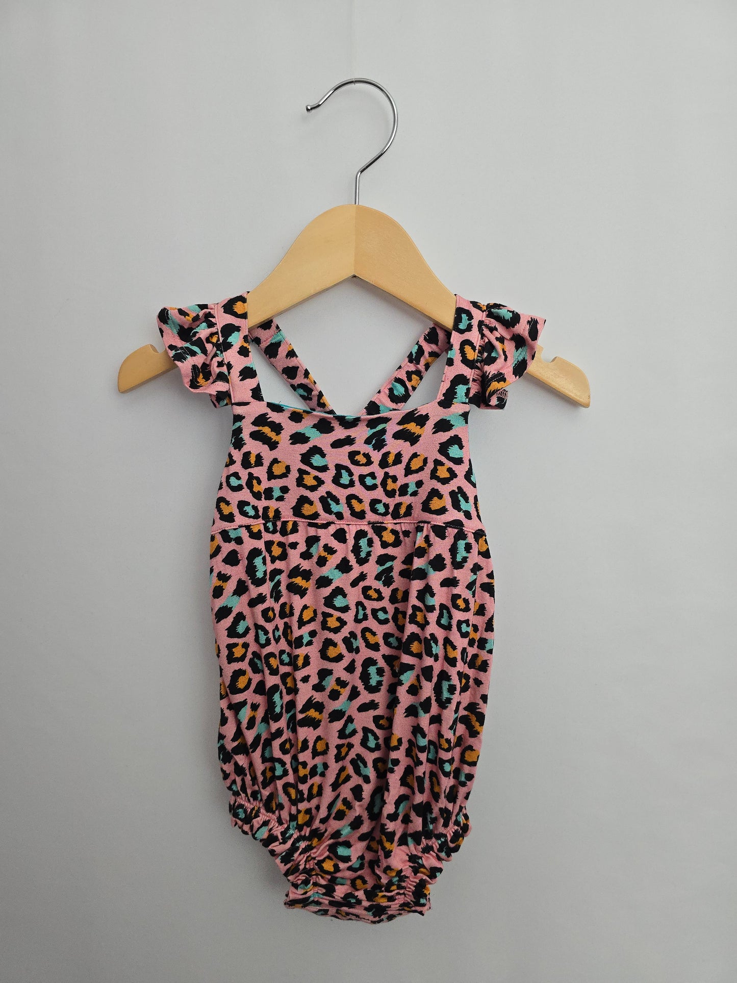 Posh Peanut Pink Leopard Ruffle Bum Romper • 12-18 months