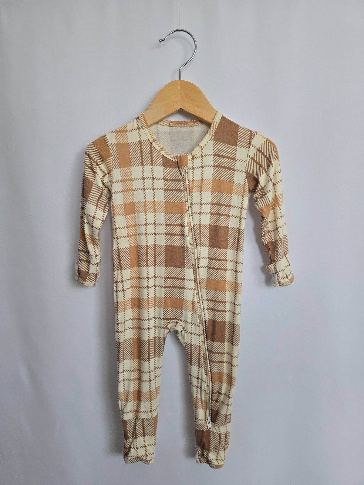 Bambi & Birdie Brown Plaid Zip Footie • 3-6 months