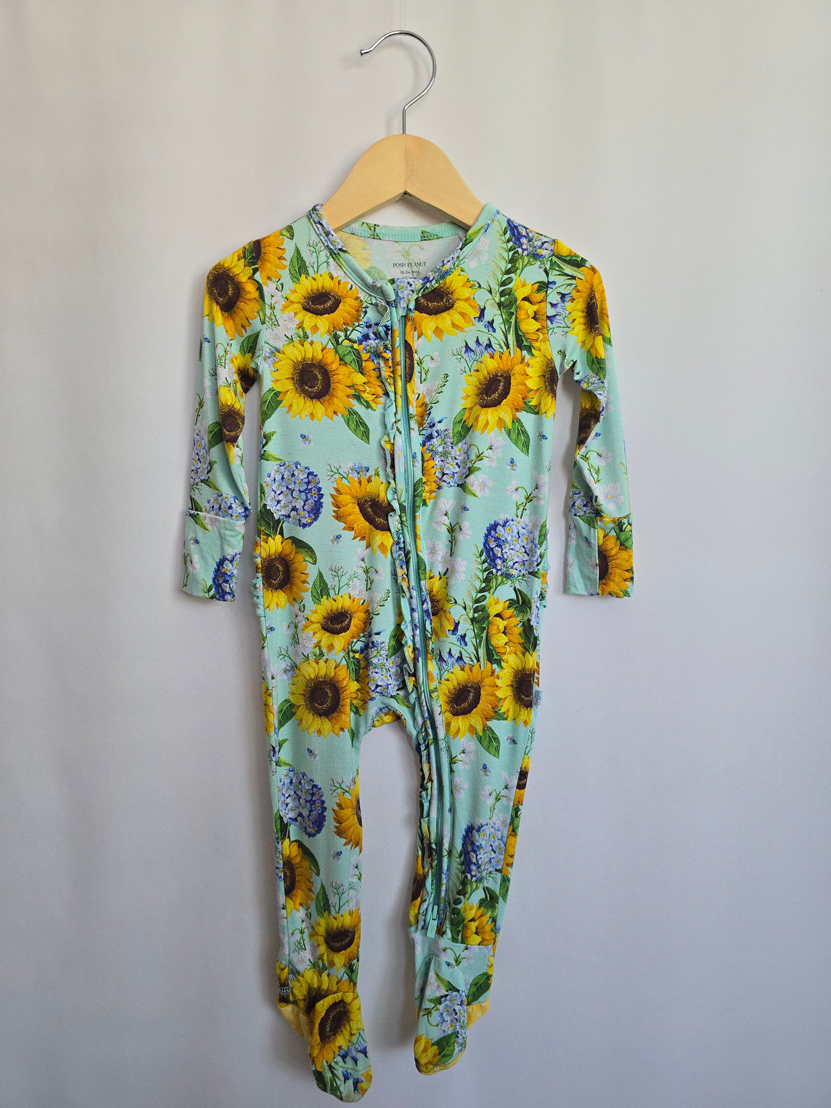 Posh Peanut Mint Sunflower Ruffle Zip Footie • 18-24 months