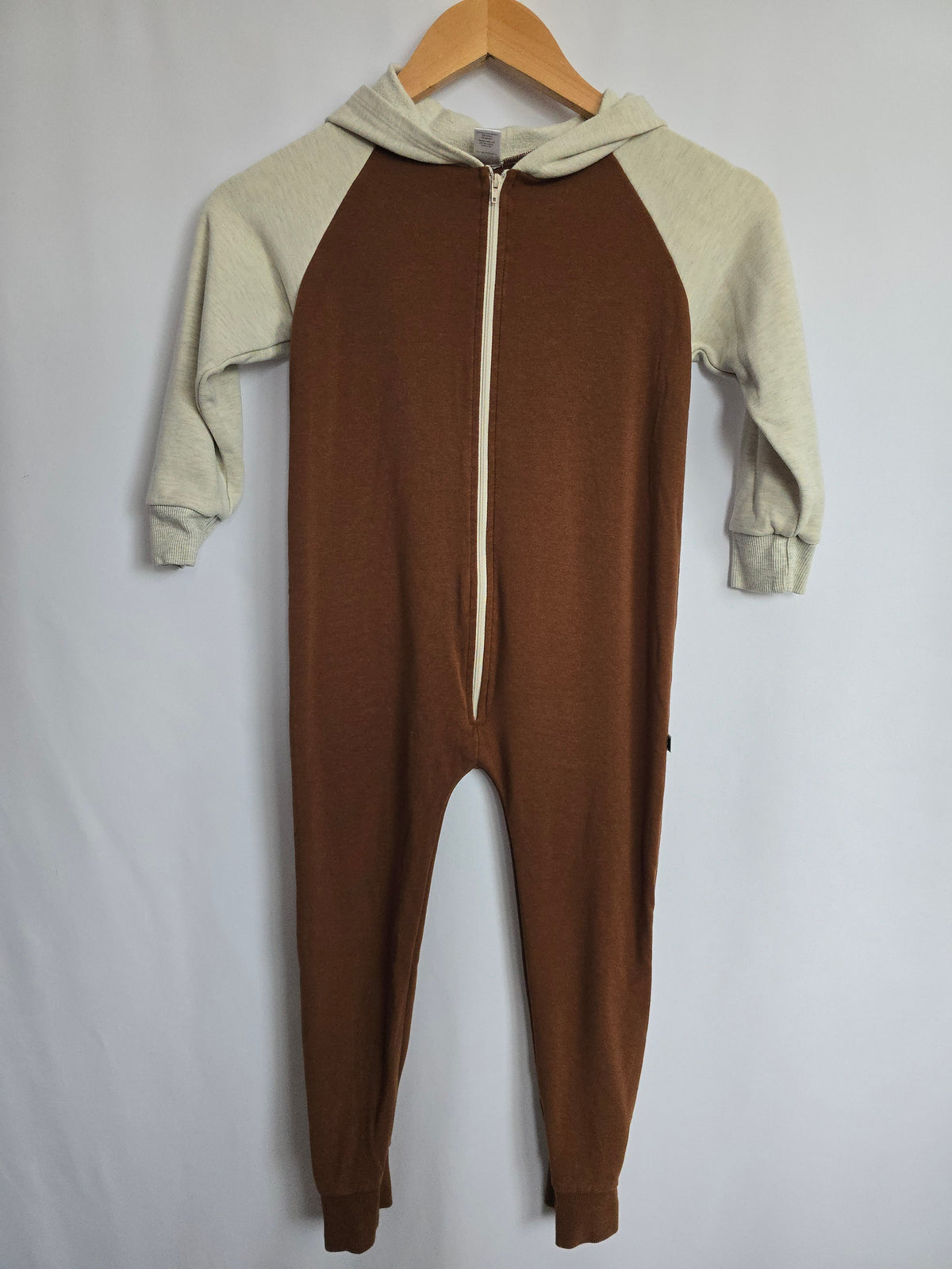 Little & Lively Chestnut/Oat Fleece Hooded Romper • 5-6 years