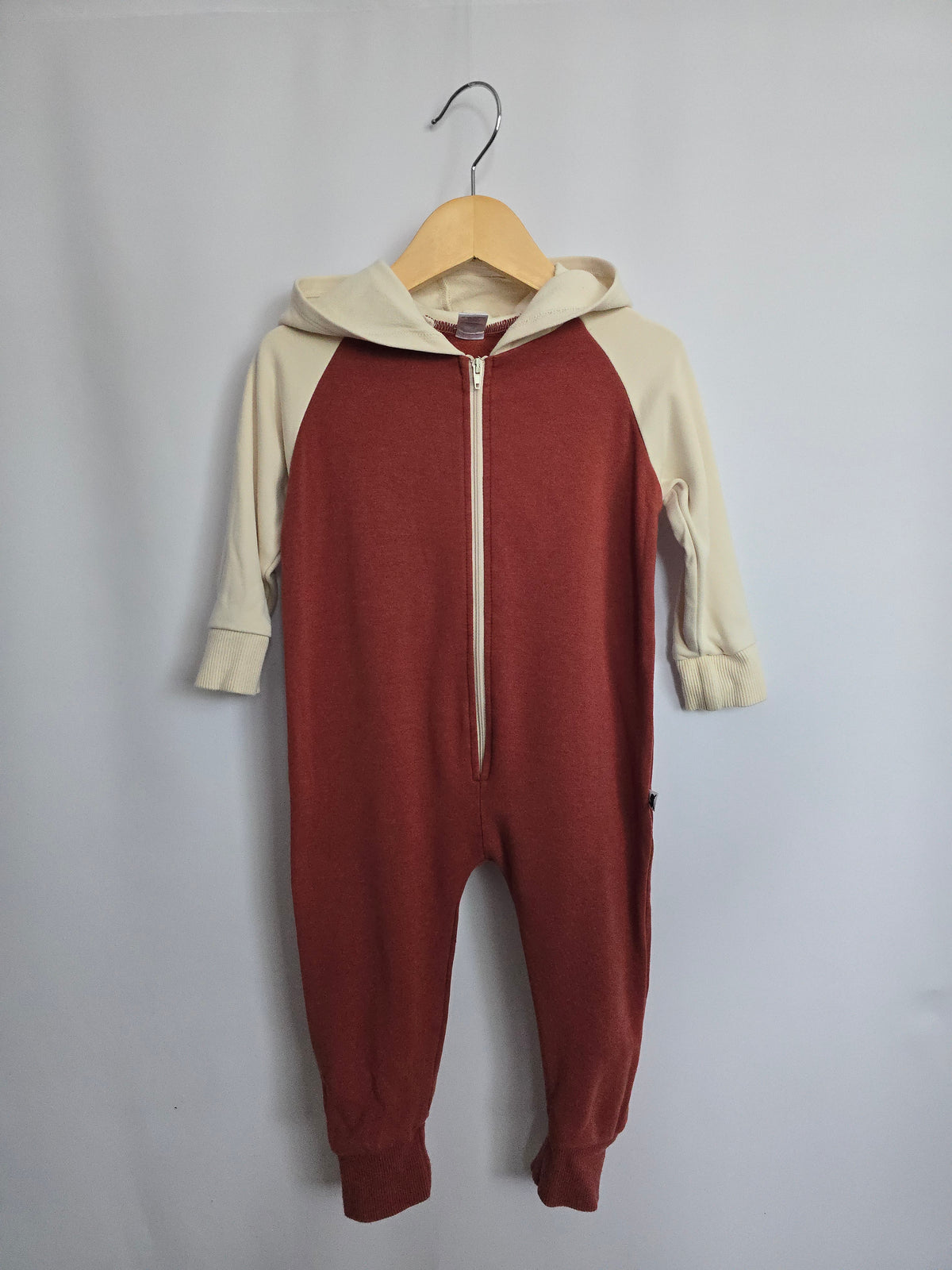 Little & Lively Brick/Cream Hooded Zip Romper • 1-2 years