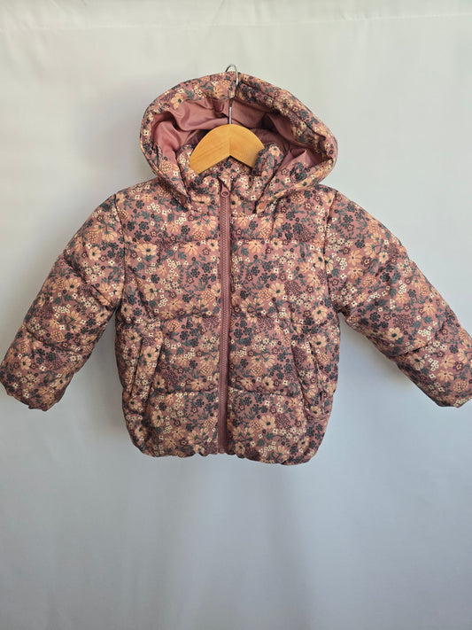 H&M Dusty Rose Floral Puffer Jacket • 2-4 years