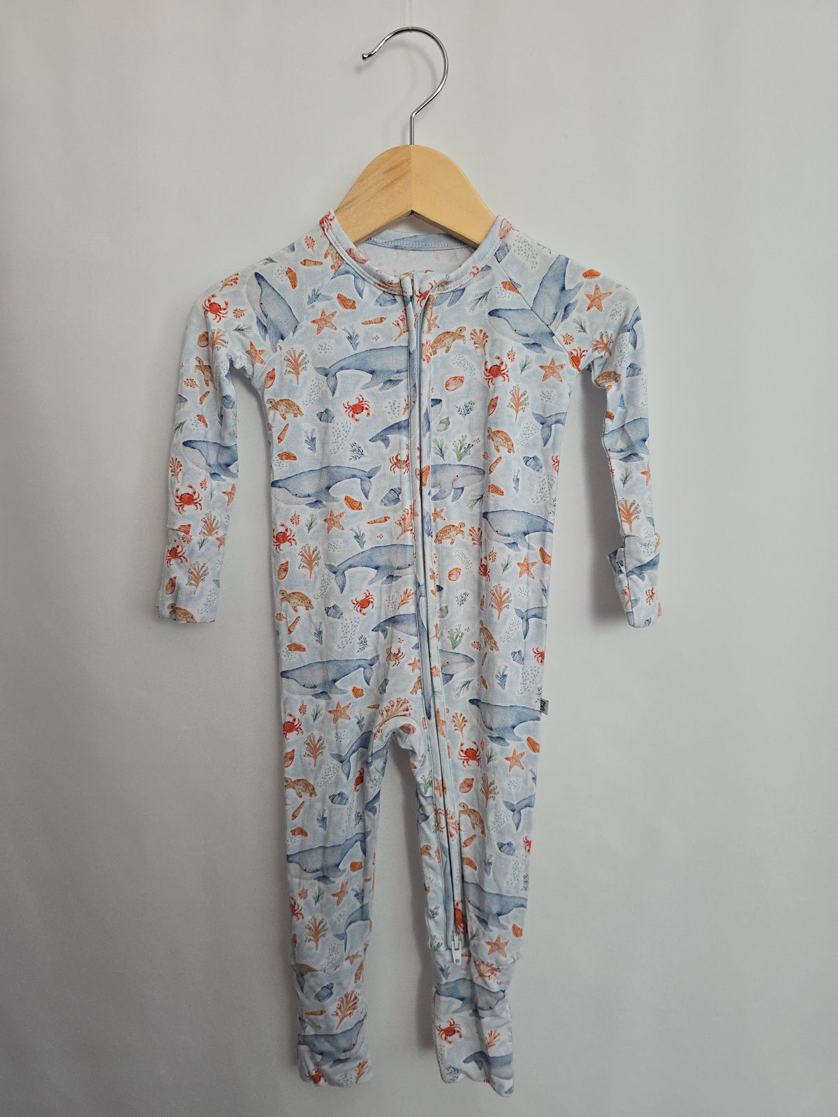 Early Grey Blue Whale Zip Romper • 3-6 months