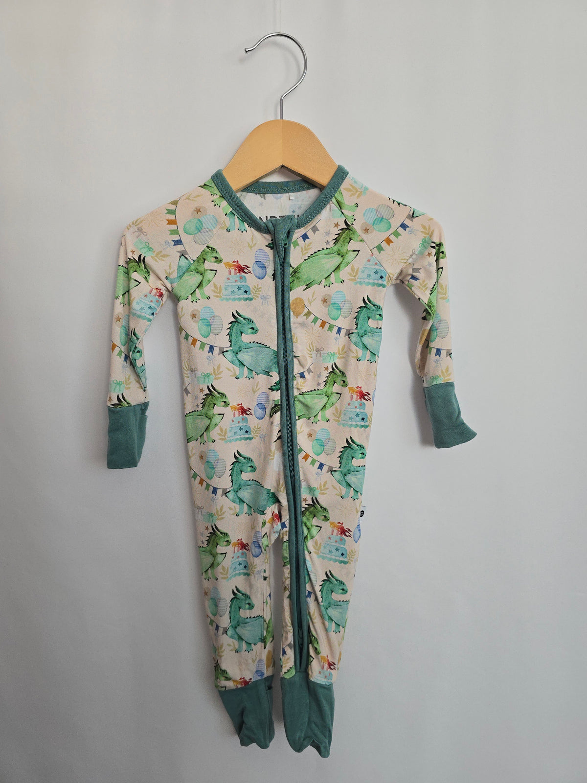 Kind Thing Birthday Green Dragons Zip Romper • 3-6 months