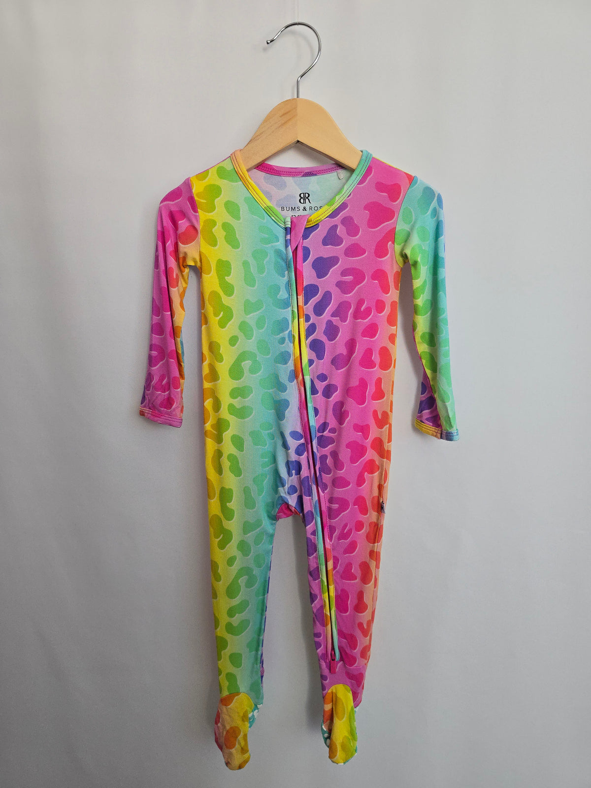 Bums & Roses Leopard Rainbow Zip Footie • 12-18 months