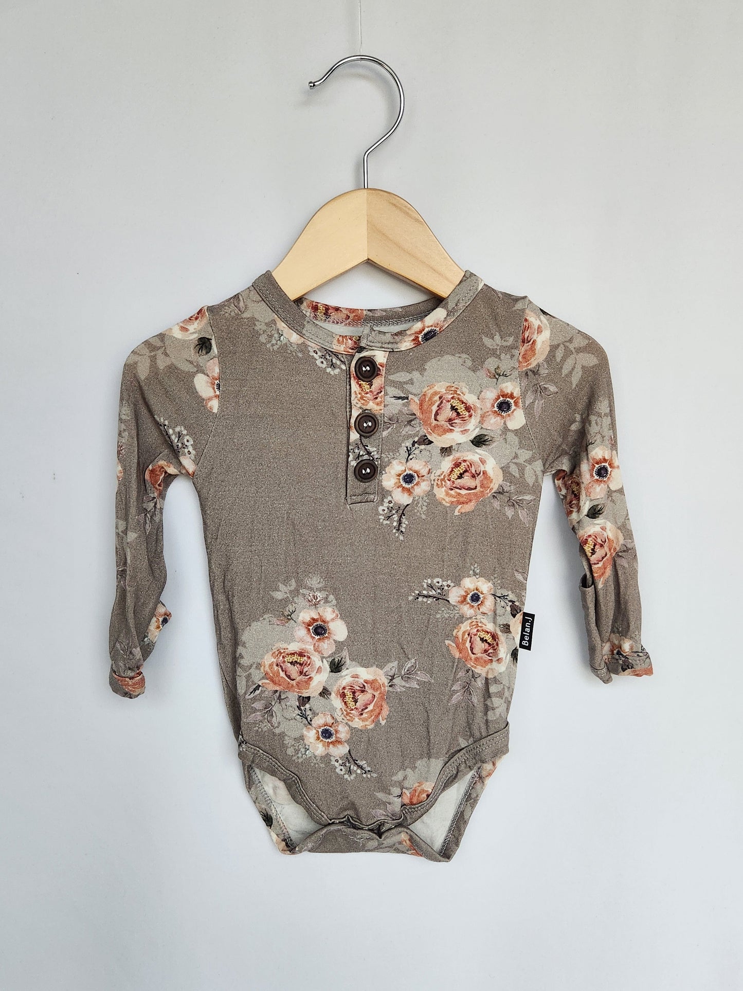 Belan J Grey Floral Bamboo Bodysuit • 3-6 months