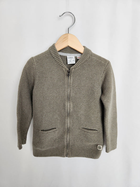 Zara Olive Knit Zip Up Sweater • 3-4 years