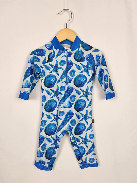 Honeysuckle Blue Seashell Sunsuit • 6-12 months