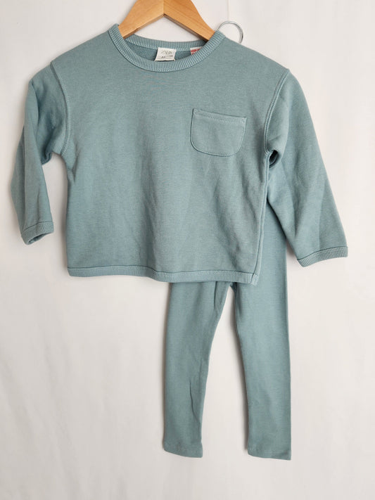 Zara Light Blue Sweatshirt & Ribbed Leggings • 3-4 years