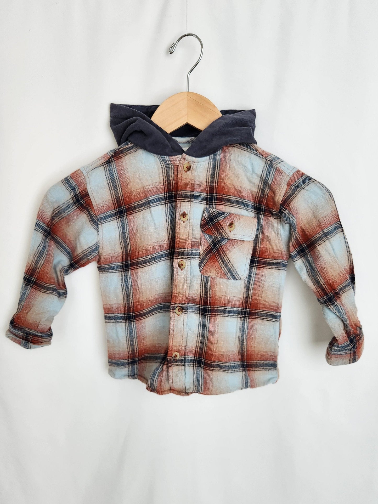 Zara Hooded Plaid Button Up • 4-5 years