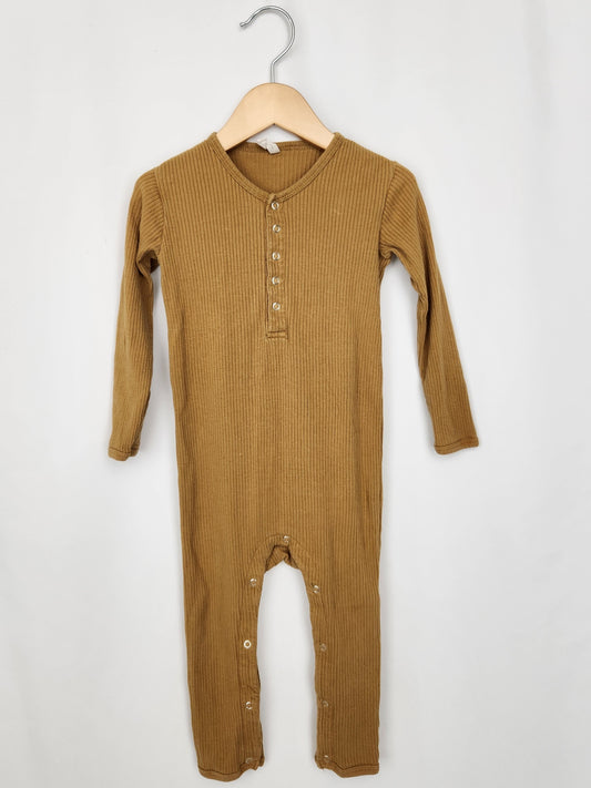 Quincy Mae Mustard Ribbed Snap Romper • 2-3 years