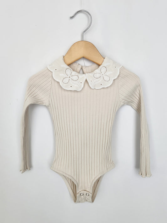 Zara Ivory Ribbed Lace Collar Bodysuit • 2-3 years