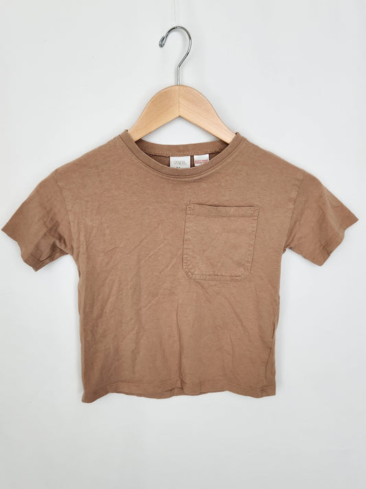 Zara Brown Basic Pocket Tee • 3-4 years