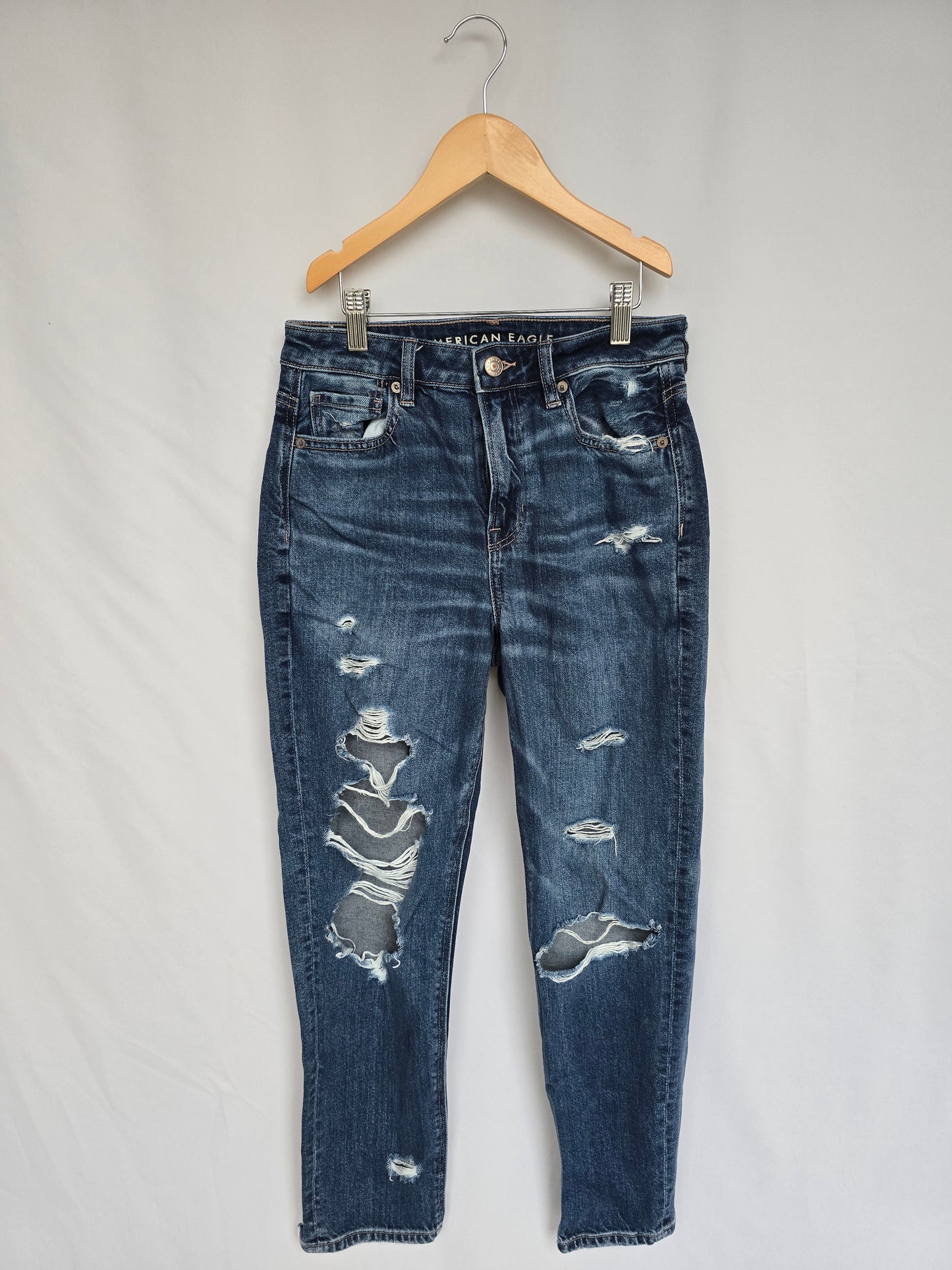 American Eagle Dark Wash Distressed Mom Jeans • 4 Small/Short