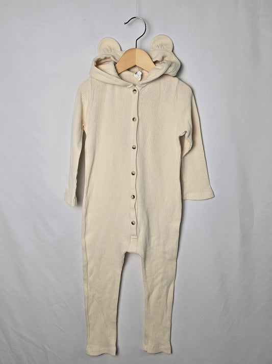 Kate Quinn Ivory Waffle Hooded Romper • 3T