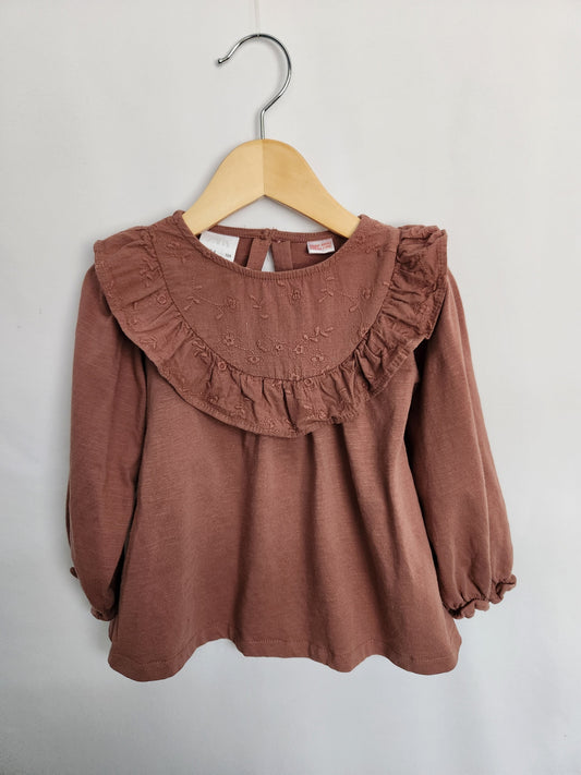 Zara Rose Brown Floral Neckline Long Sleeve Shirt • 3-4 years