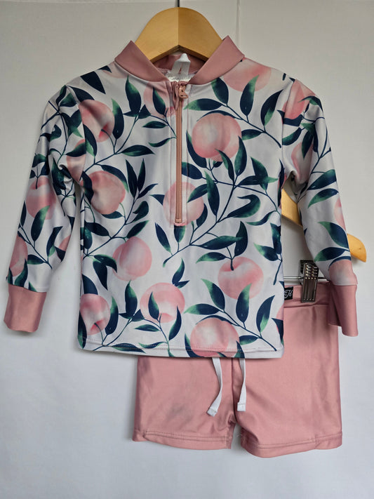 Honeysuckle Peachy Rashgaurd & Shorts *stains* • 2-3 years