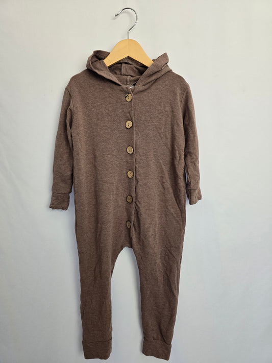 Tiny Button Apparel Brown Button Down Hooded Romper • 3-4 years