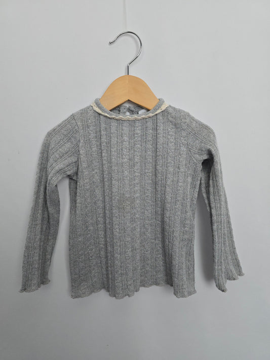 Zara Grey Lace Neckline Lettuce Hem Long Sleeve Shirt • 2-3 years