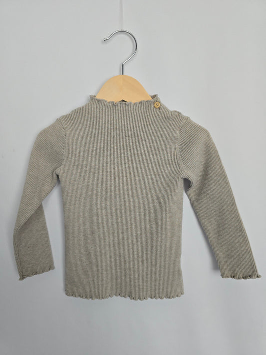 H&M Grey Lettuce Hem Ribbed Long Sleeve Shirt • 1-2 years