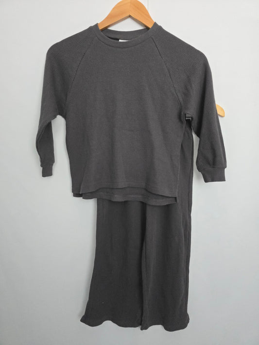 Zara Grey Waffle Long Sleeve & Wide Leg Pants • 5-6 years