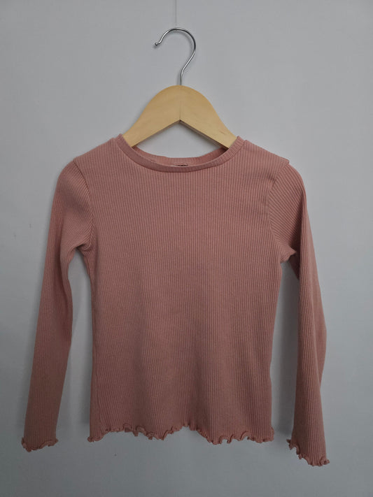 H&M Blush Ribbed Lettuce Hem Long Sleeve • 4-6 years