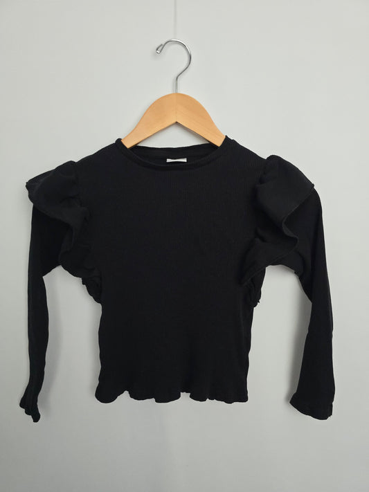 Zara Black Ribbed Ruffle Sleeve Top • 9 years