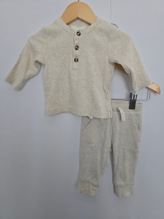 Firsts By Petit Lem Oat Ribbed Set • 3 months