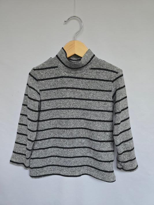 Zara Soft Grey Stripe Mock Neck Top • 3-4 years