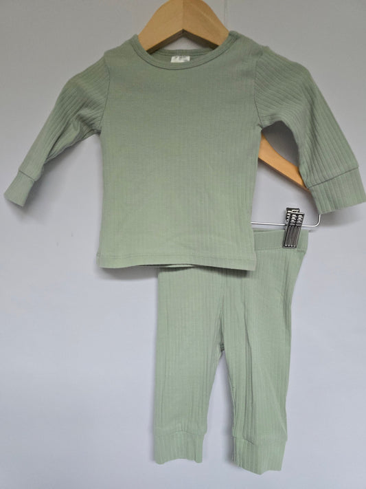 H&M Mint Ribbed Long Sleeve & Pants Set • 2-4 months