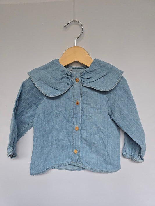 NEW Zara Denim Peter Pan Collar Long Sleeve Shirt • 9-12 months