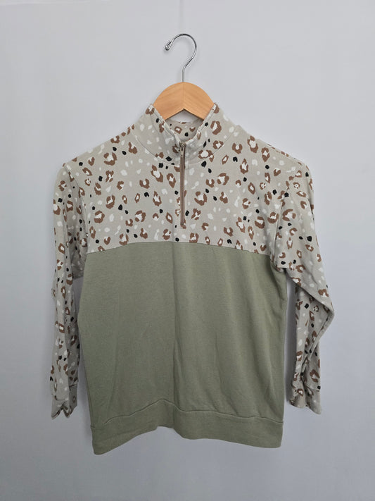 Jax & Lennon Snow Leopard/Mint Terry 1/2 Zip Crew • Youth Medium 8-9 years