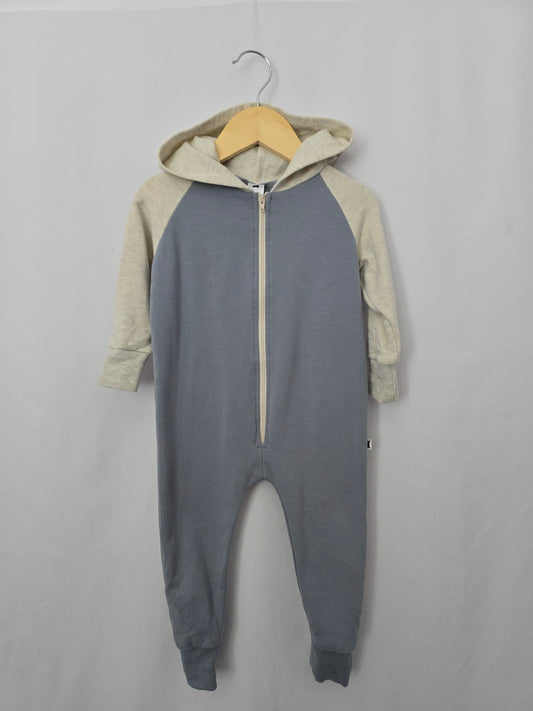 Little & Lively Blue/Oat Hooded Zip Romper • 6-12 months