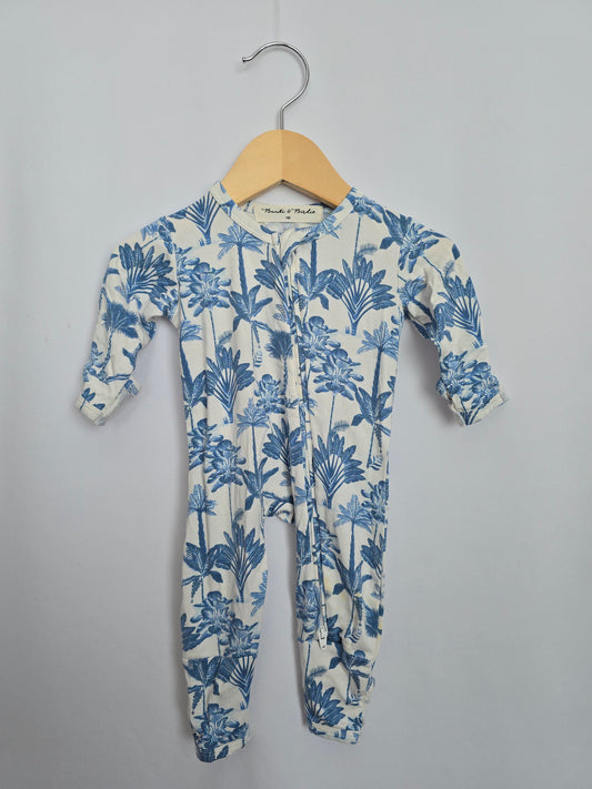 Bambi & Birdie Blue Palms Zip Footie *stain* • Newborn