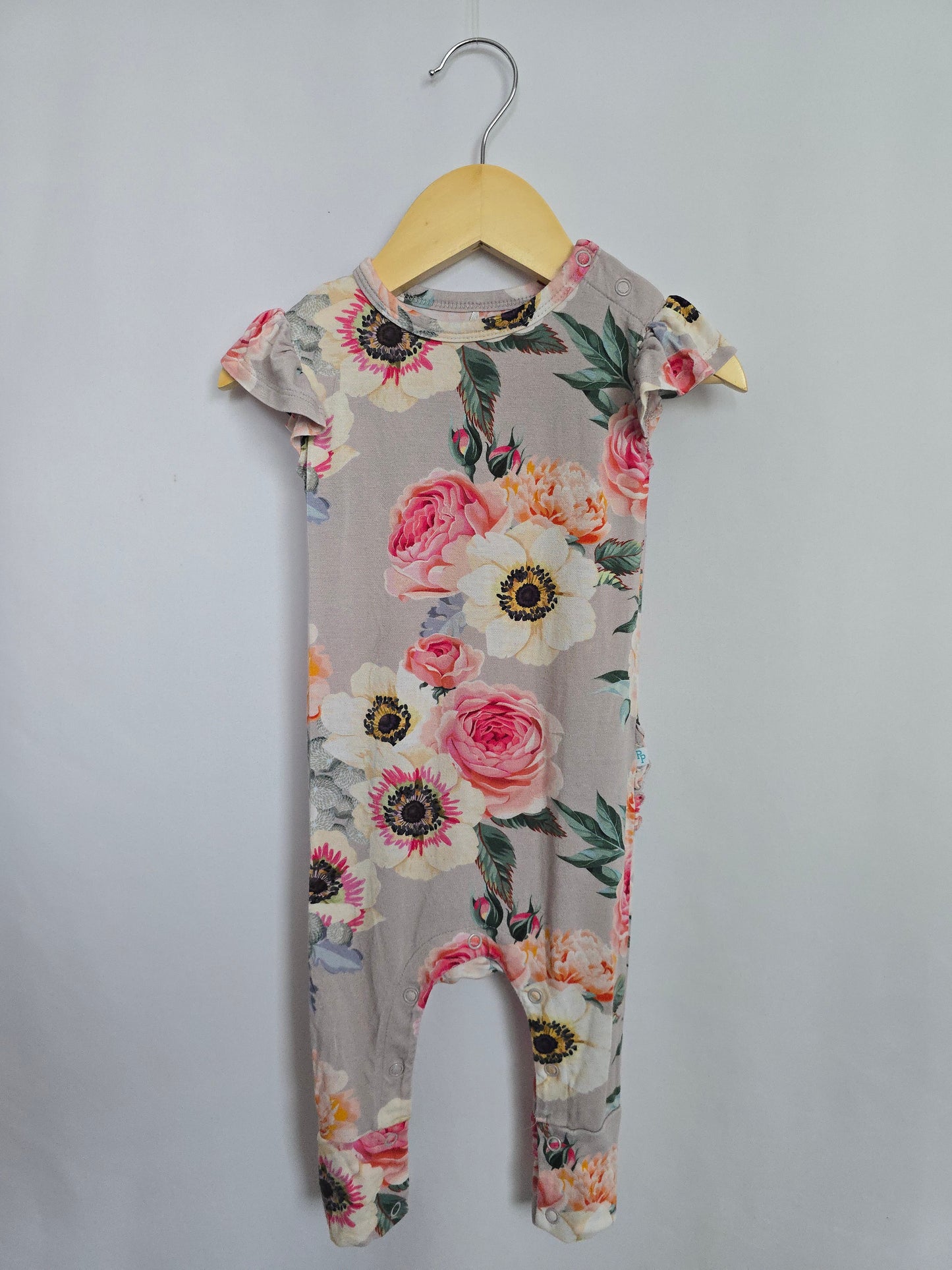 Posh Peanut Grey Floral Ruffle Bum Romper • 6-9 months